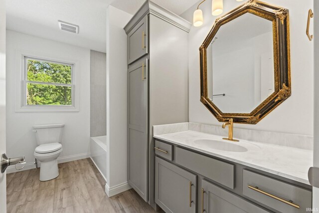 bathroom with wood-type flooring, vanity, and toilet