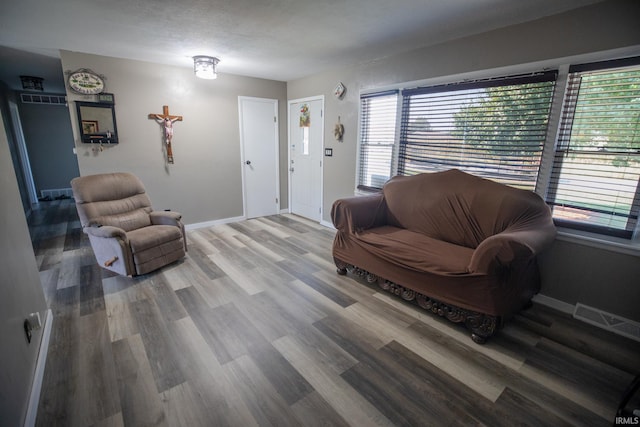 living room featuring wood-type flooring and a textured ceiling