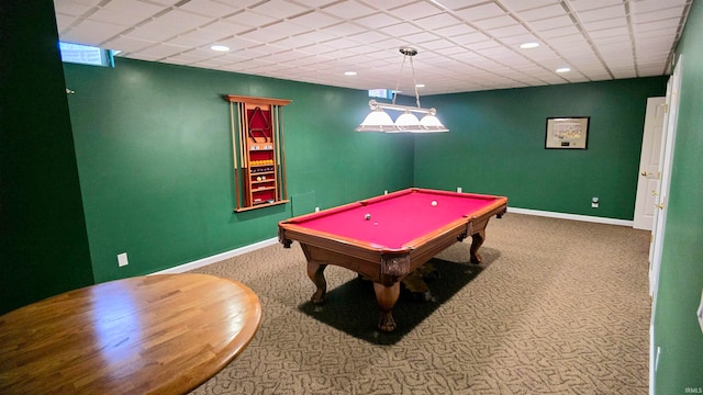 recreation room featuring a drop ceiling, pool table, and carpet floors