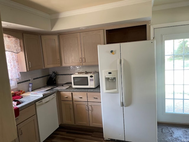 kitchen with dark wood-type flooring, decorative backsplash, white appliances, light brown cabinets, and ornamental molding