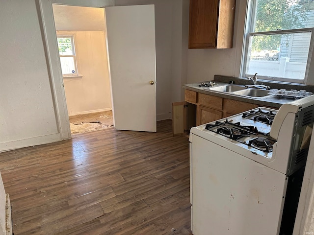 kitchen with white range with gas stovetop, dark hardwood / wood-style floors, and sink