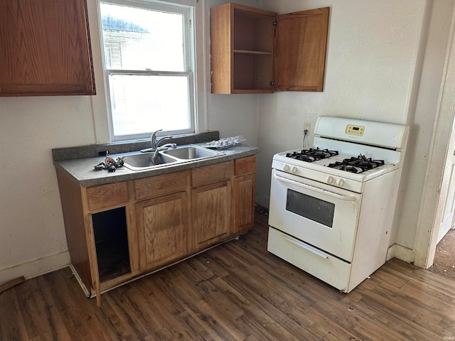 kitchen with dark wood-type flooring, gas range gas stove, and sink