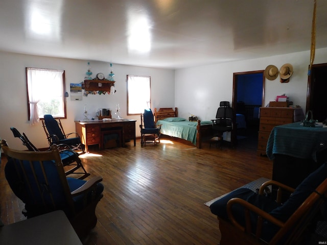 living room with dark hardwood / wood-style flooring