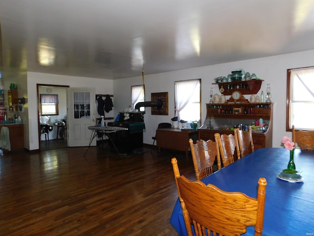 dining room with plenty of natural light and dark wood-type flooring