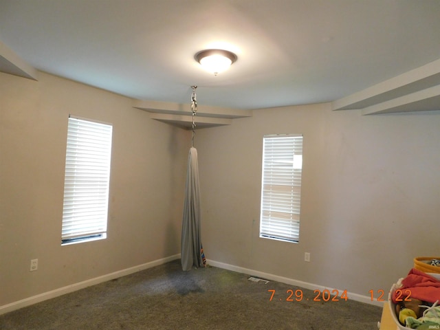 interior space featuring dark colored carpet