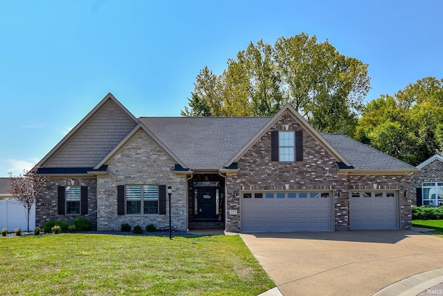 craftsman inspired home with brick siding, roof with shingles, concrete driveway, and a front yard