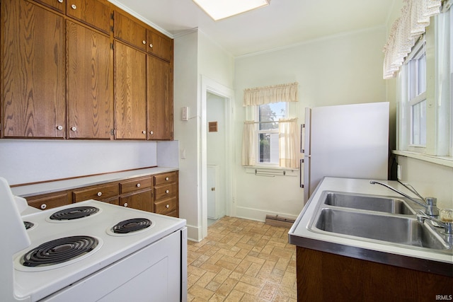 kitchen with crown molding, white appliances, and sink