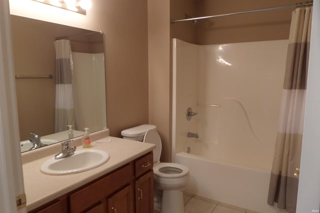 full bathroom with shower / bathtub combination with curtain, toilet, vanity, and tile patterned floors