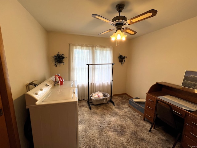 interior space with ceiling fan, dark colored carpet, and separate washer and dryer