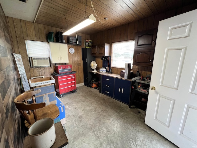 living area with wood walls, cooling unit, and wood ceiling