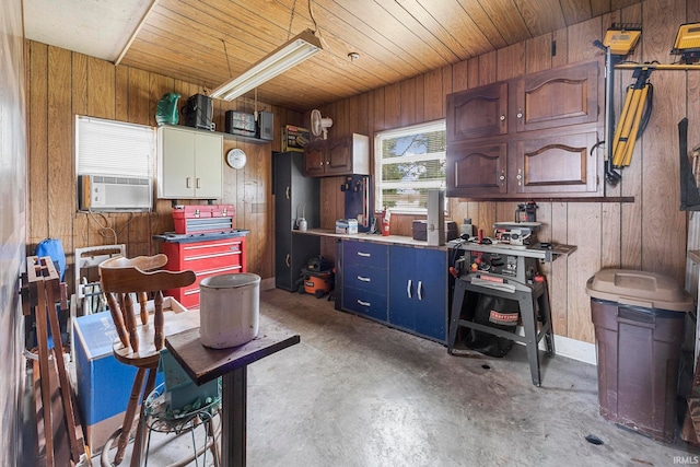 kitchen featuring wooden walls, wooden ceiling, and cooling unit