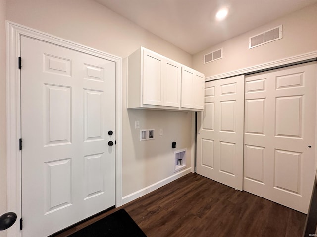 washroom with washer hookup, cabinets, dark wood-type flooring, and electric dryer hookup