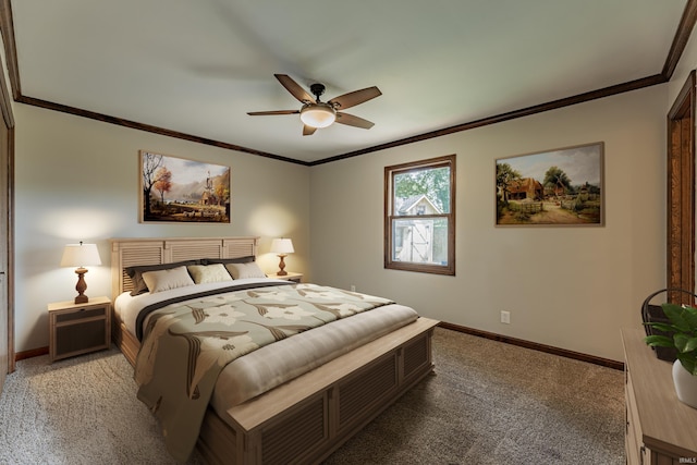 bedroom featuring carpet floors, ornamental molding, and ceiling fan