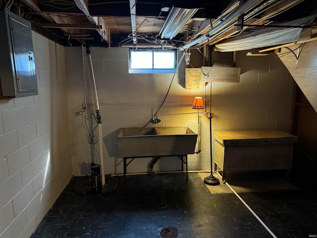 basement featuring electric panel and sink