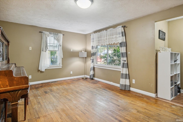 interior space featuring a wealth of natural light, a textured ceiling, and hardwood / wood-style flooring