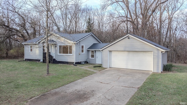 ranch-style home with a garage and a front yard