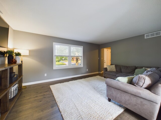 living room with dark hardwood / wood-style flooring