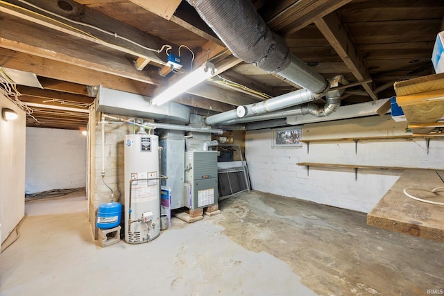 basement featuring gas water heater and heating unit