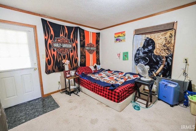 bedroom with carpet, ornamental molding, and a textured ceiling