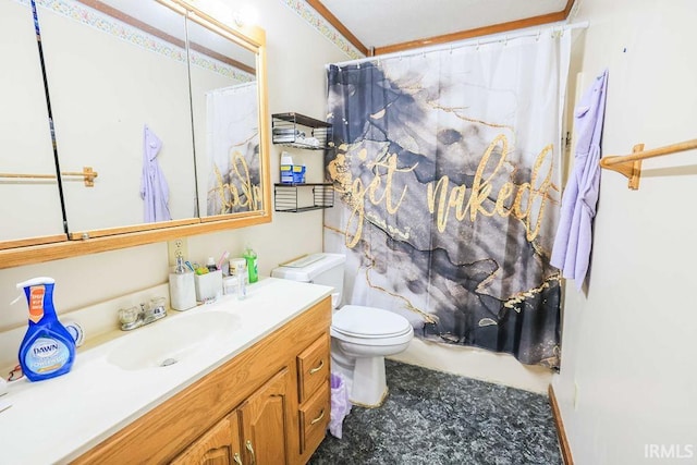 full bathroom featuring shower / bathtub combination with curtain, vanity, and toilet