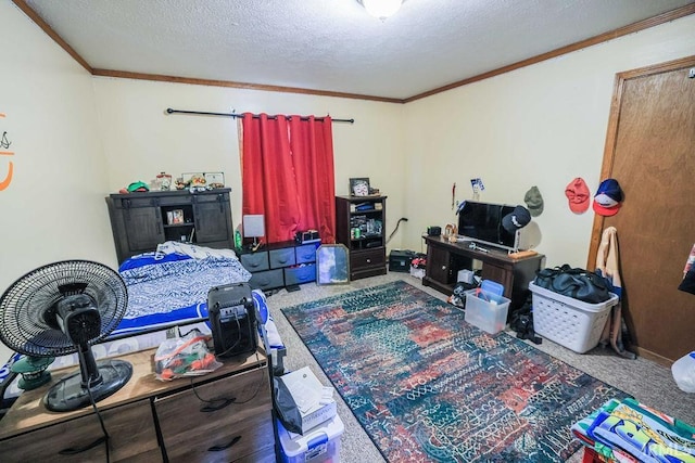 bedroom with crown molding, carpet, and a textured ceiling