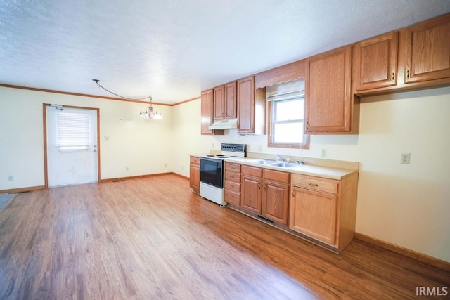 kitchen featuring ornamental molding, sink, pendant lighting, electric range, and light hardwood / wood-style flooring