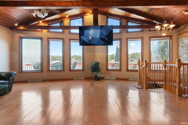 interior space with lofted ceiling with beams, a chandelier, baseboard heating, and wooden ceiling