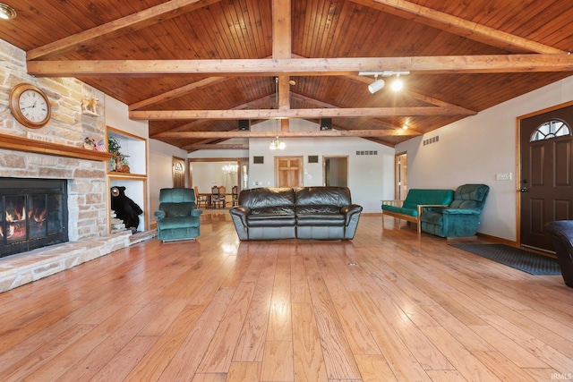 unfurnished living room featuring vaulted ceiling with beams, wood ceiling, and a fireplace