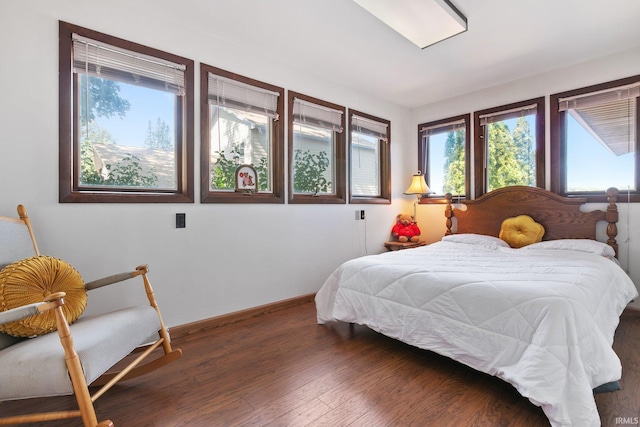 bedroom with dark hardwood / wood-style flooring and multiple windows