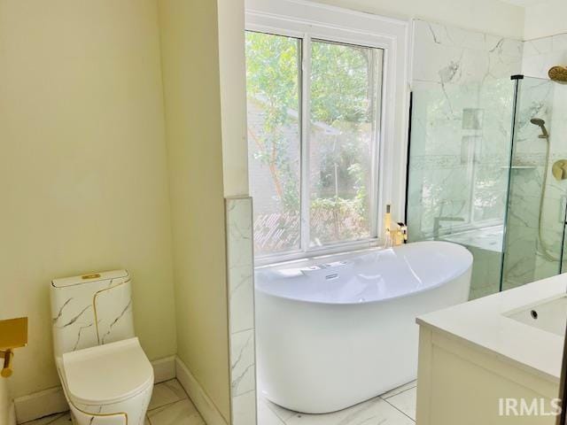 full bathroom featuring shower with separate bathtub, plenty of natural light, vanity, and toilet