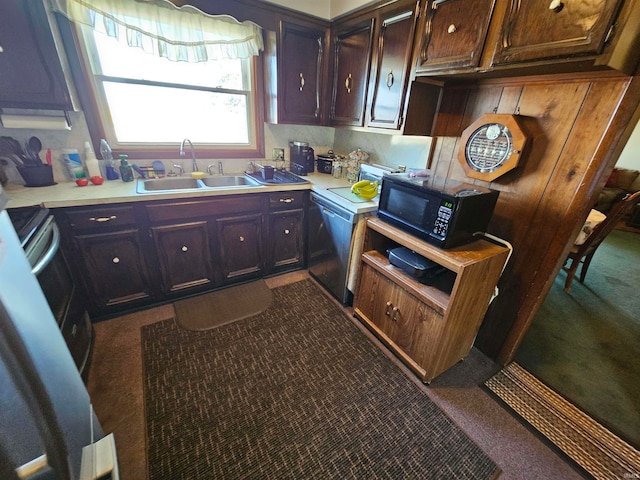 kitchen with black appliances, dark brown cabinetry, and sink