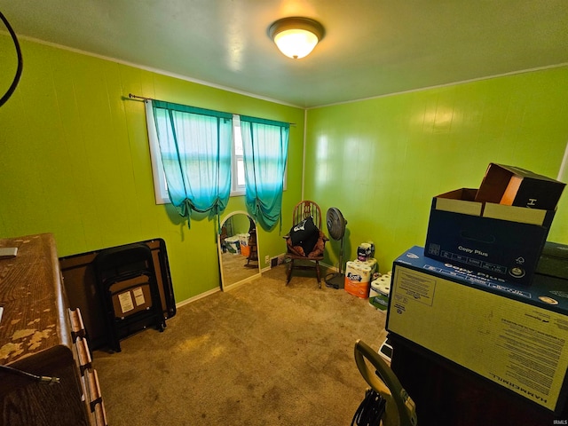 recreation room with carpet and crown molding