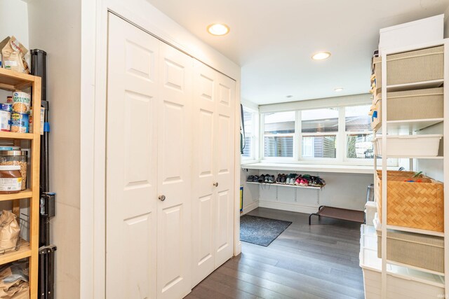 interior space featuring a closet and dark hardwood / wood-style flooring