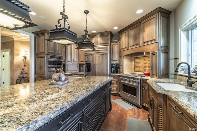 kitchen with a sink, premium appliances, dark wood-style floors, and decorative backsplash