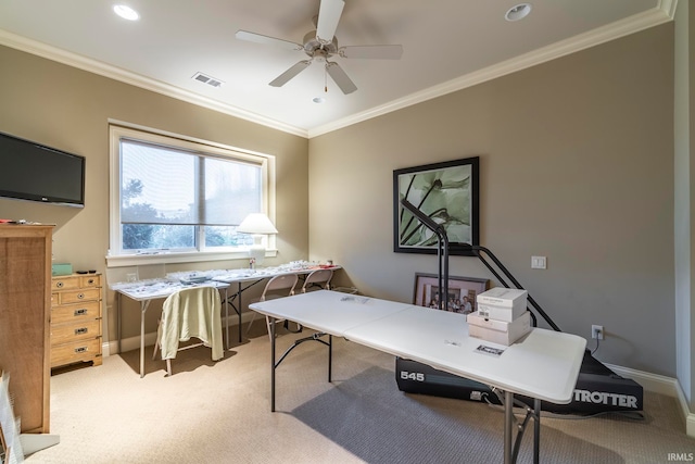 home office with light carpet, ceiling fan, and ornamental molding