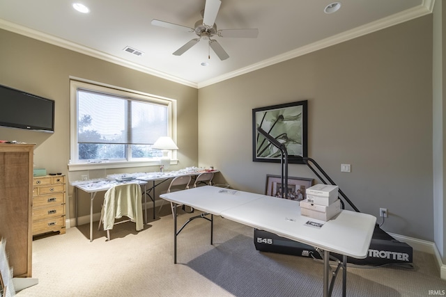 office with light carpet, visible vents, and ornamental molding