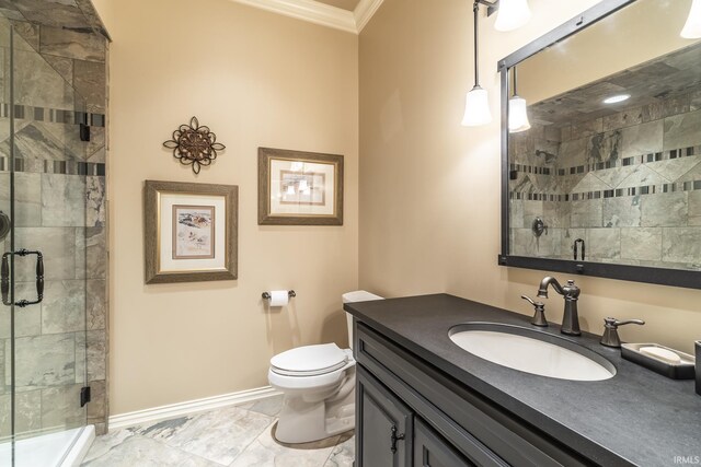 bathroom with walk in shower, vanity, and toilet