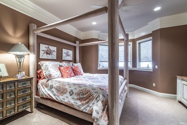 bedroom featuring carpet, baseboards, visible vents, recessed lighting, and crown molding