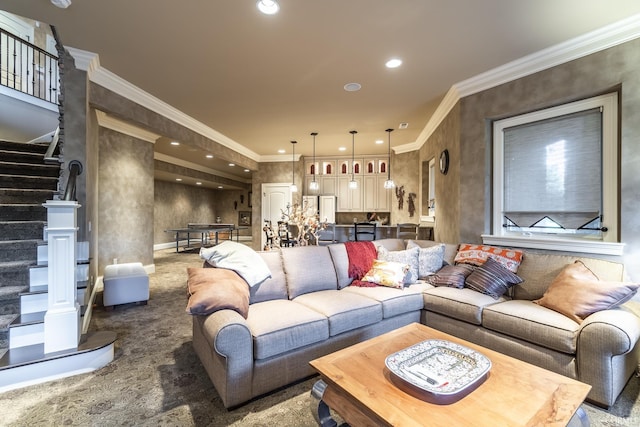 living area with recessed lighting, stairs, crown molding, and carpet