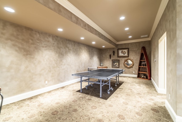 game room with visible vents, baseboards, recessed lighting, ornamental molding, and carpet flooring