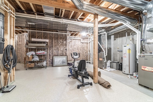 unfinished below grade area with heating unit and electric water heater