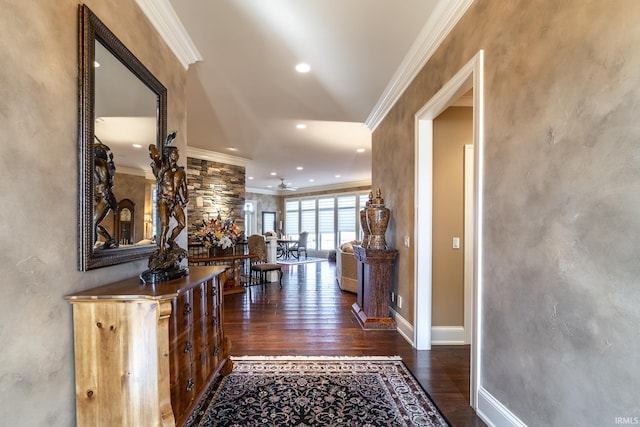 corridor featuring recessed lighting, baseboards, wood-type flooring, and ornamental molding