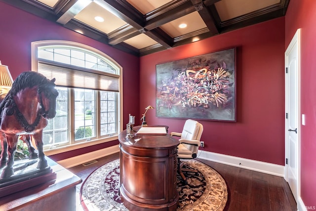 office space with beam ceiling, coffered ceiling, and dark wood-type flooring