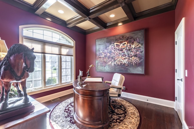 home office with wood finished floors, baseboards, visible vents, coffered ceiling, and beamed ceiling