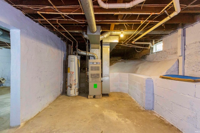 basement featuring gas water heater and heating unit