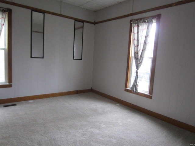 empty room with light carpet, a wealth of natural light, and a drop ceiling