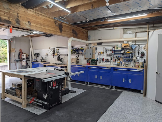 garage featuring a workshop area