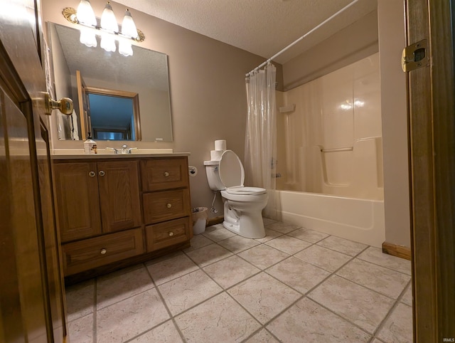 full bathroom featuring shower / bathtub combination with curtain, vanity, a textured ceiling, toilet, and tile patterned floors