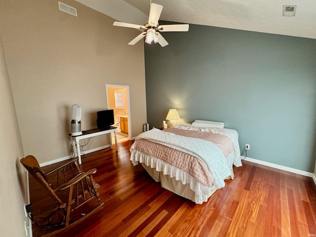 bedroom featuring wood-type flooring, ceiling fan, and high vaulted ceiling