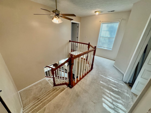 stairway with ceiling fan, carpet flooring, and a textured ceiling